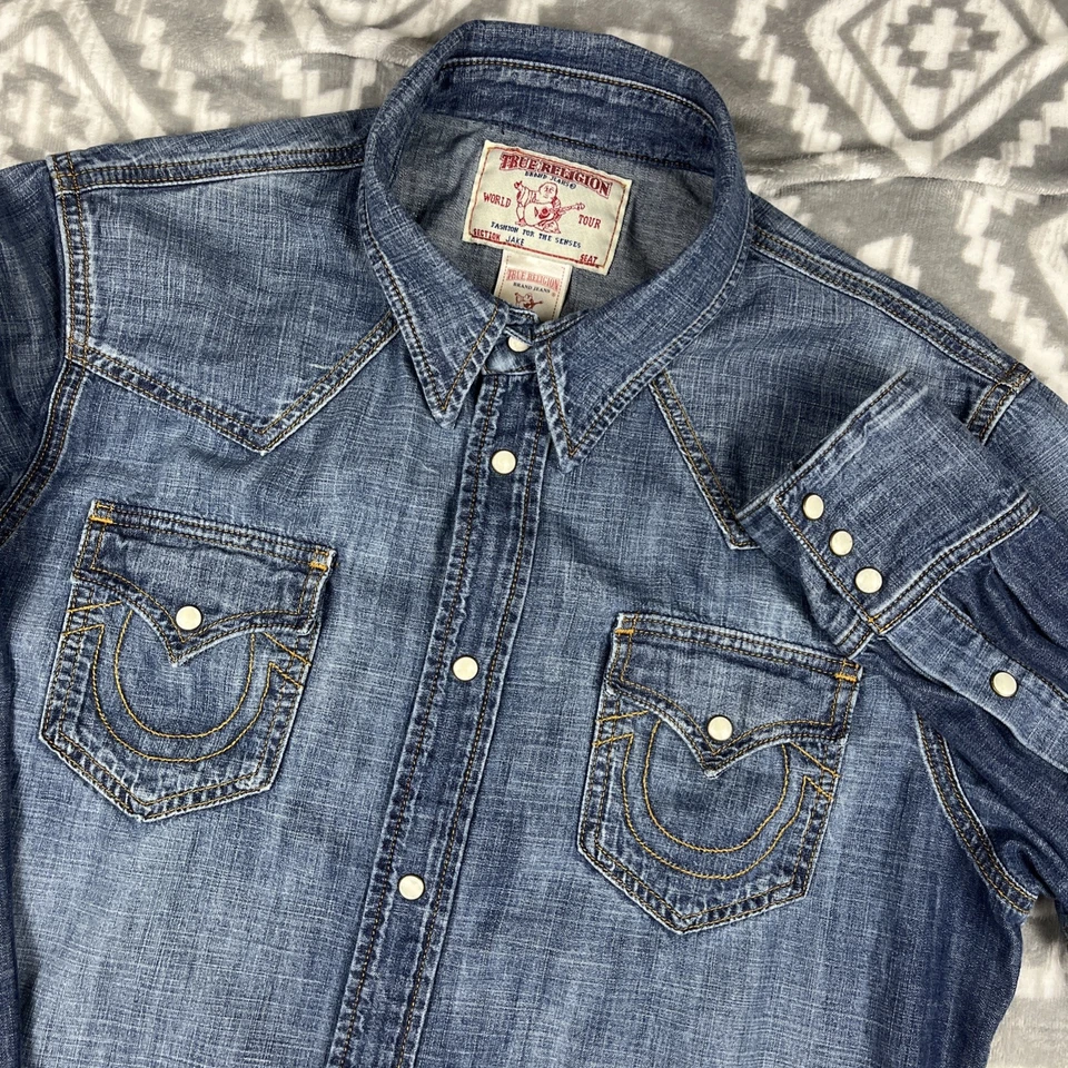 True Religion Jake Shirt Mens XL Slim Fit Blue Denim Pearl Snap Long Slv Cowboy - Image 1 of 4