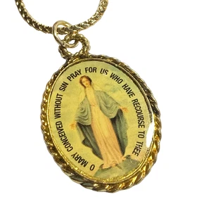Collar Vintage Virgen O María Oración Sagrado Corazón Chapado en Oro Medalla Católica 24" - Imagen 1 de 8