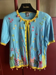 Cardigan maglione vintage anni 80 Deadstock Berek gattino gatto-M con perline ricamate-M - Foto 1 di 20