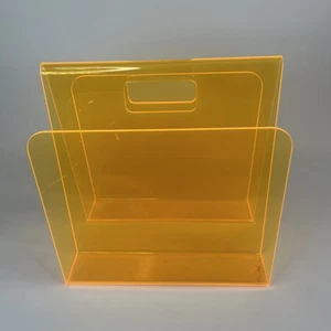 VINTAGE NEON ORANGE LUCITE ACRYLIC MAGAZINE RACK / VINYL HOLDER VIBRANT - Picture 1 of 7