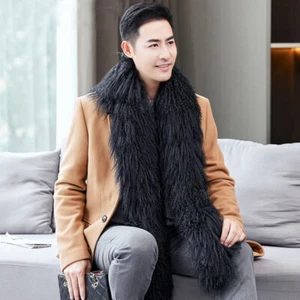 Herren Echt Mongolisch Lammfell Schal Halstuch Tuch Halstuch Doppelseitig Fell Schwarz - Bild 1 von 14