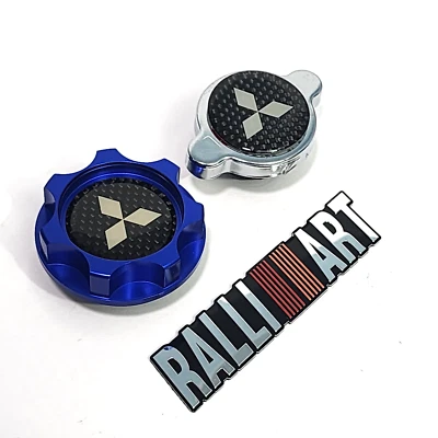 MITSUBISHI OIL CAP BLUE + RADIATOR CAP CARBON FIBER ECLIPSE MIRAGE LANCER EVO - Image 1 of 4