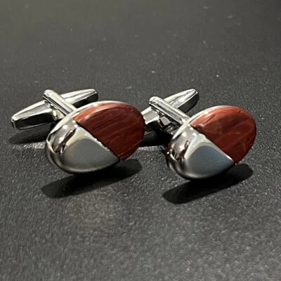 Red Wood Oval Cufflinks Men Daily Wear Wood Cuff Links In Box - Image 1 of 4