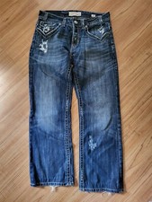MEK Denim Jeans Mens Size 32x34 Blue Bootcut Distressed Oaxaca Button Fly
