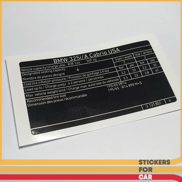 Наклейка на давление в шинах BMW 325i E30 Cabrio США - 2121851 - Изображение 1 из 1
