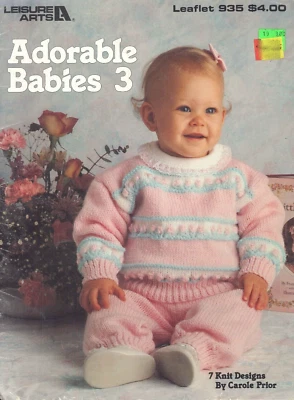 Adorable Babies 3 Knitting Pattern Booklet 1990 Prior Leisure Arts 935 Cardigan - Image 1 of 4