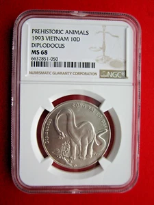 Vietnam 1993, 10 Dong WWF Dinosaur Diplodocus UNC (Bank Fresh NGC MS68) #050 - Picture 1 of 2