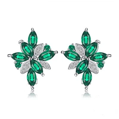 Simulated Nano Emerald  Earrings Green Flower Stud Clip 925 Sterling Silver CZ - Image 1 of 4