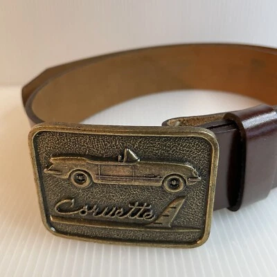 "Cinturón Chevrolet Corvette 1953 hebilla de cinturón de latón 3"" X 2,25"" cuero marrón 41" Foto 1 de 3