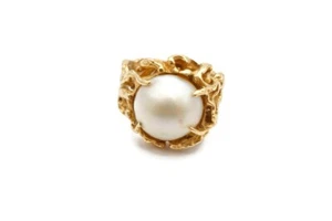 14k Yellow Gold Mabe Pearl Ring Size 4 Modernist - Picture 1 of 13