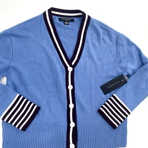 French Connection Sweater size M blue maroon button up cardigan Stripe NWT - Picture 1 of 8
