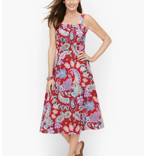 VETEMENTS Abito midi Talbots rosso paisley fit svasato senza maniche cotone nuovo con etichette taglia 16