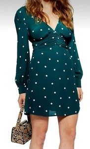 Topshop Forrest Green Long Sleeve Polka Dot Mini Dress Size US 8 - Picture 1 of 12