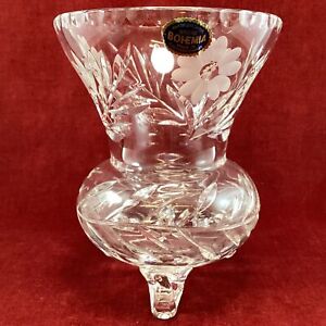 Vintage Bohemia Hand Cut Lead Crystal 3 Footed Vase Floral Design (2C) MO#8619