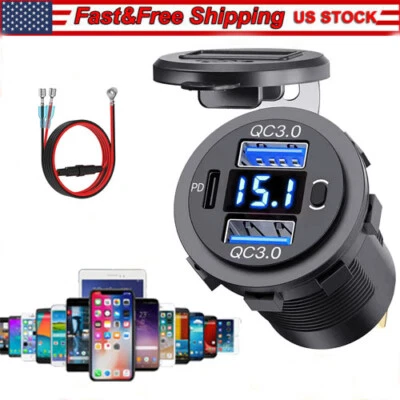 12V-24V PD + QC3.0 Dual USB Car Fast Charger Power Socket Outlet LED Voltmeter - Image 1 of 4