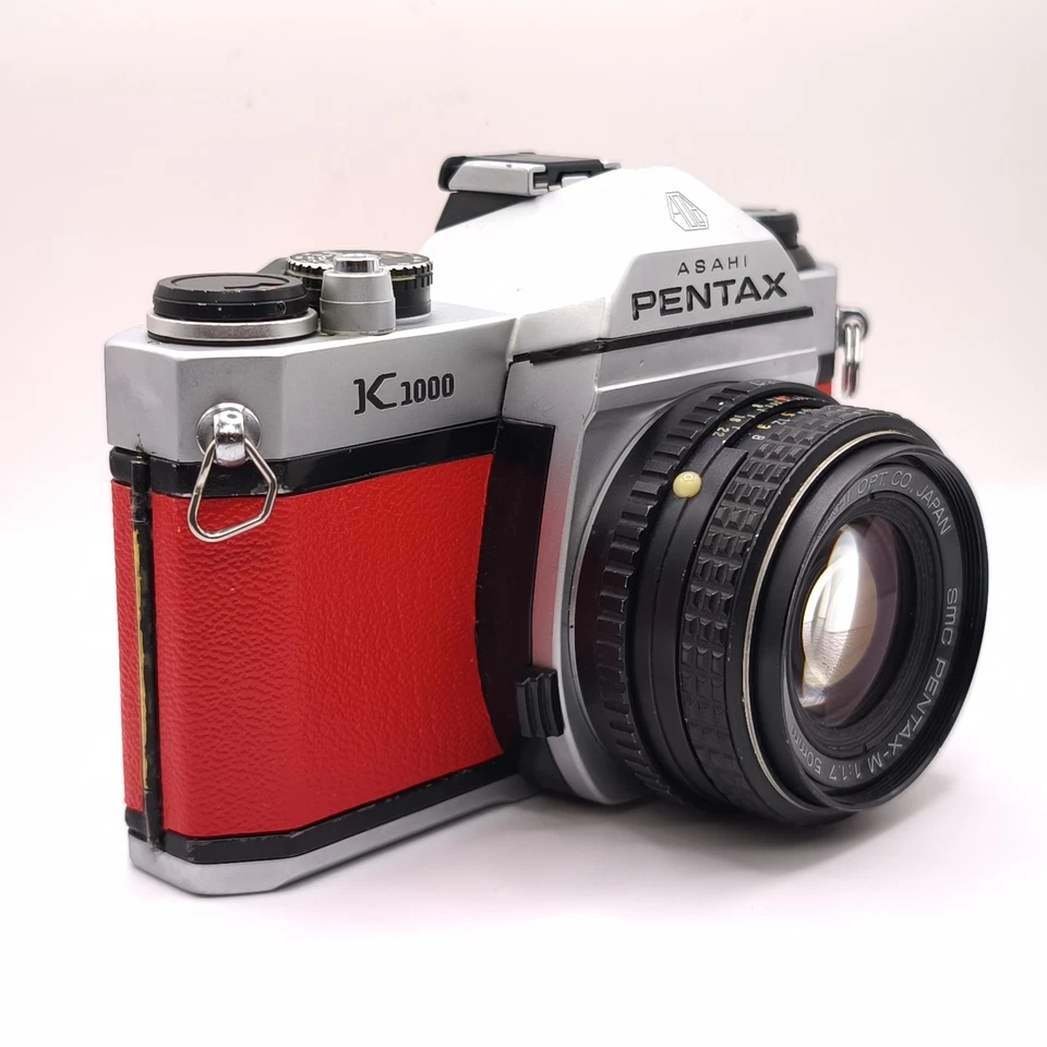 Pentax K1000 SLR Film Camera 50mm 1.7 Lens Custom Red Leather WORKING  - Image 1 of 4