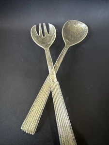 Mod Gold Glitter Acrylic Salad Serving Utensils Server Set Vintage Atomic 12” - Picture 1 of 10
