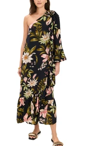 💕$348 FARM RIO BLACK SURREAL FLOWERS ONE SHOULDER RUFFLE HEM MAXI DRESS SZ XL - Picture 1 of 6