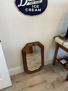 Antique English Beveled Wall Mirror Carved Oak Octagon Frame