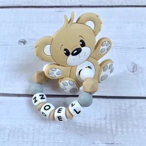 Beißring Greifring Greifling mit Namen personalisiert aus Silikon Bär Teddy  - Bild 1 von 5