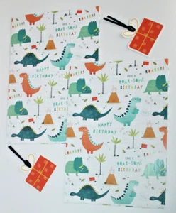 KIDS ROARSOME BIRTHDAY GIFT WRAP WRAPPING PAPER DINOSAUR 2 SHEETS 2 TAG NOVELTY - Picture 1 of 9