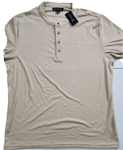 INC Men's Henley Shirt Size Large Beige Ribbed Short Sleeve Crew Neck - Picture 1 of 4