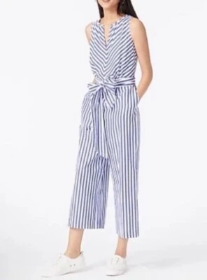 J. Mono Crew Cuello en V en Popelina de Algodón a Rayas - Azul y Blanco - Talla 18 Nuevo Foto 1 de 4