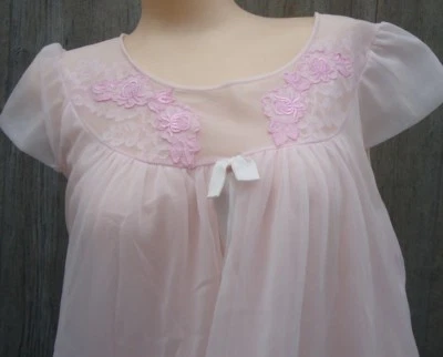 Винтажный 60-х розовый двойной шифона Negligee платье Adonna sz 34 нейлона женская вышивка - Изображение 1 из 4