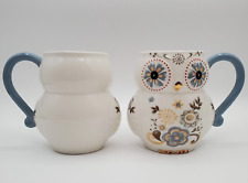 2 CRACKER BARREL Mugs 4.5" Barrel Coffee Cups Floral Owl Blue Handle Gold Trim