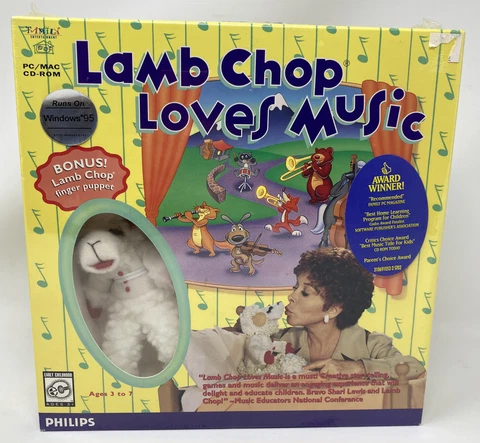 Rare Big Box LAMB CHOP LOVES MUSIC CD-ROM FINGER PUPPET 1995 SEALED Shari Lewis Cover