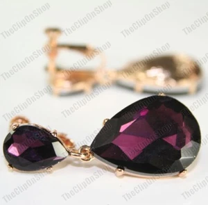 CLIP ON PURPLE CRYSTAL DROP EARRINGS gold fashion GLASS TEARS FACETED DROPS - Picture 1 of 6