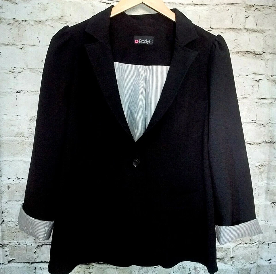Chaqueta Blazer Body C Mujer Grande Negra Enrollable Contraste Rayas Mangas Bolsillos Foto 1 de 4