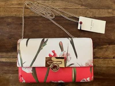 TED BAKER Parisa Coral Rosa Blanco Estampado Floral Bandolera Cadena Dorada NUEVO Foto 1 de 3