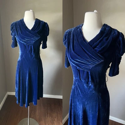 Vintage 30s 40s Velvet Dress Blue Ruched Puff Sleeves Art Deco ILGWU New York - Image 1 of 4
