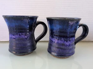 Vintage Signed Handmade Purple Blue Black Drip Pottery Coffee Mugs Lot of 2 (A) - Picture 1 of 8