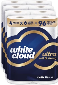 White Cloud Ultra Soft & Strong Toilet Paper, 4 Packs of 6 Mega Rolls = 96 Regul - Picture 1 of 12