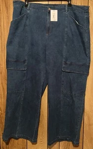 NWT SUGAR LIPS Curve 3X Mid Blue Denim Cargo Jeans Pants Cotton Blend Stretch - Picture 1 of 5