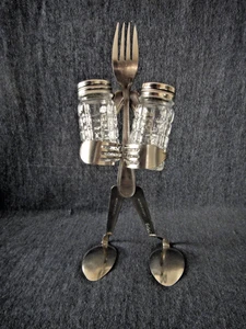 Forked Up Art Stainless Steel Salt and Pepper Stand made of Forks & Spoons - Picture 1 of 4