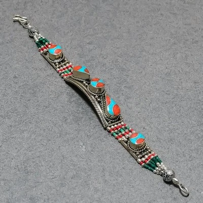 Этнические ювелирные изделия ручной работы из тибетской бирюзы красного коралла непальский браслет 7 дюймов SR 2080 - Изображение 1 из 4