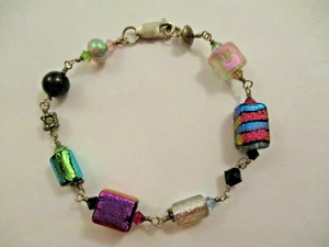 Vintage 925 Sterling Silver 8" Bracelet Colorful Iridescent Art Glass Beads - Picture 1 of 6