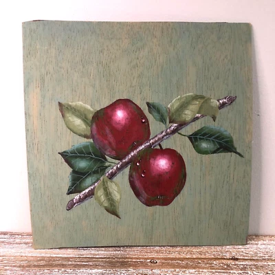 Original Vintage Apple Painting on Wood Red Apples on Green Botanical Orchard - Image 1 of 4
