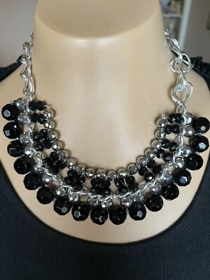 Черный коренастый каскад нагрудник заявление ожерелье 18» серебристого тона цепочка и бисер - Изображение 1 из 4