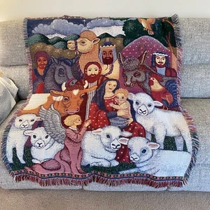 Christmas Nativity Tapestry Throw Blanket Cotton 50 x 60 - Picture 1 of 6
