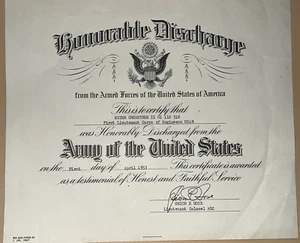US Army Original Honorable Discharge WWII Korea 1953 w/ Letter First Lieutenant - Picture 1 of 9