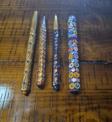 4 Bolígrafos Estrás Lentejuelas Espejos Flores Púrpura Oro Cabujones LEER Foto 1 de 4