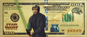 Luke Skywalker Star Wars $100 Novelty 24K Gold Foil Plated Note Bill - XX067 - Picture 1 of 4