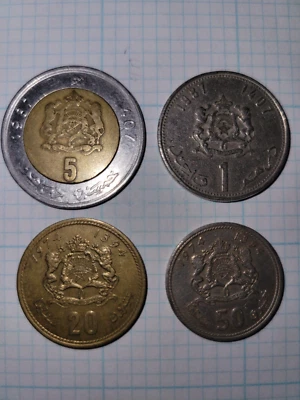 1987 МАРОККО 5 дирхамов, 1 дирхам; 1974 50 и 20 сантимов изящные коллекционные монеты - Изображение 1 из 3