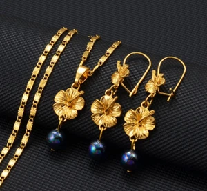 24kt Gold Plated Dubai Africa Arab Indian Jewelry Necklace Pearl Earrings Set - Picture 1 of 3