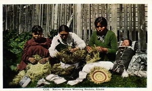 Postcard Alaska Native Women Weaving Baskets - Picture 1 of 2