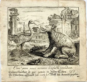 1689 Sadeler, Schmidts, emblem engraving, the Crane and the Wolf, Aesop - Picture 1 of 2
